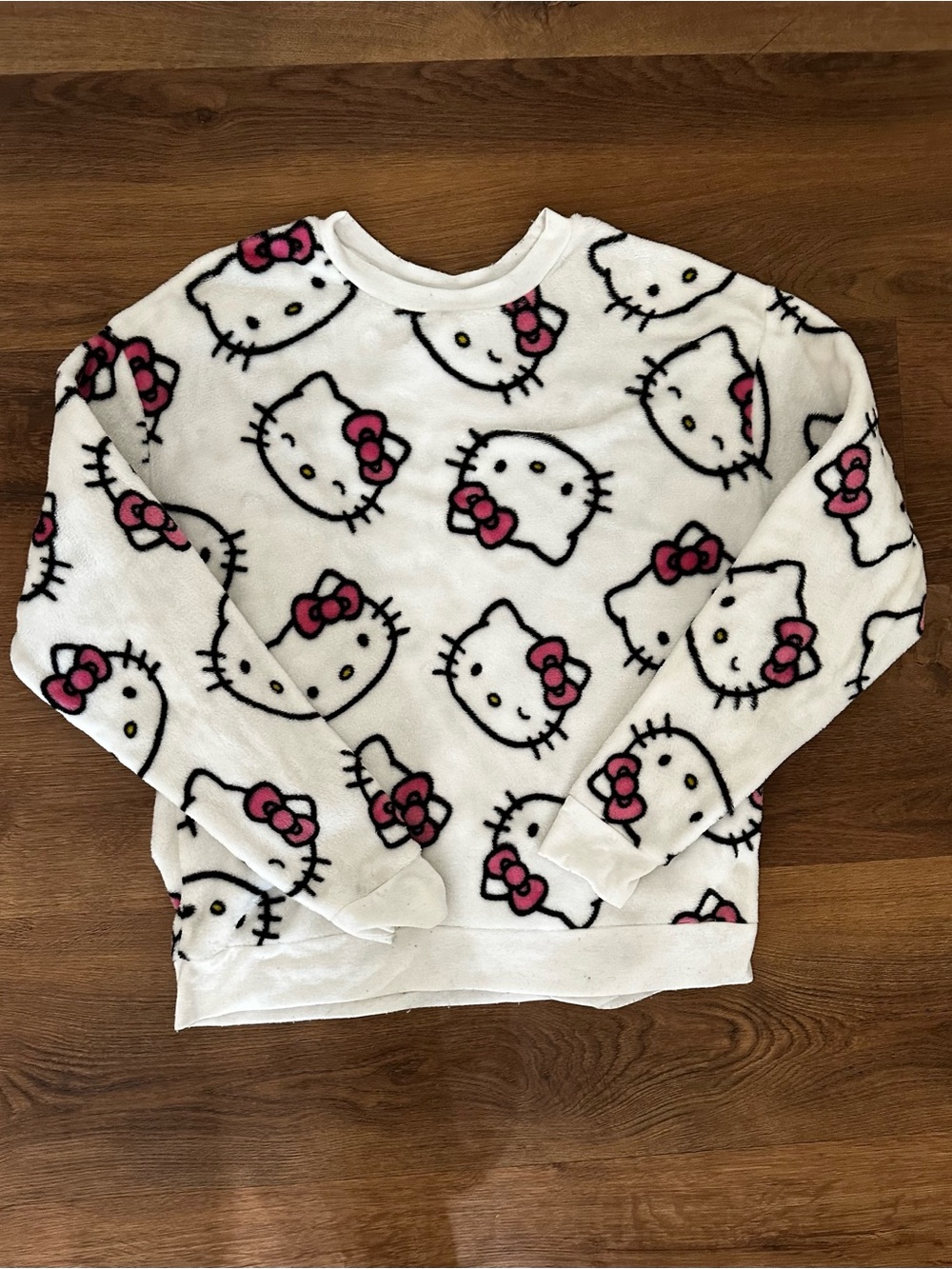 HK Hello Kitty White & Pink Fuzzy Crewneck Sweatshirt